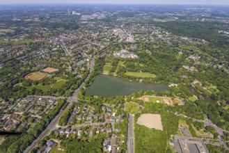 Aerial view, Berger See and neighbouring Schloss Berge with castle park, moated castle and hotel,