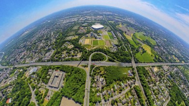 Aerial view, Berger Feld, Schalke Arena Park with Veltins Arena football stadium, A2 motorway and