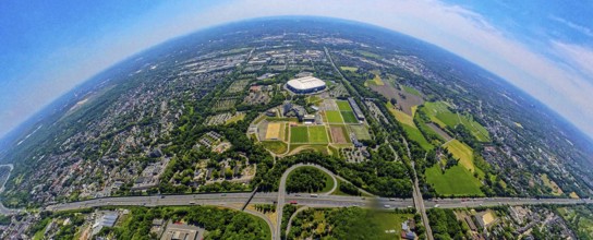 Aerial view, Berger Feld, Schalke Arena Park with Veltins Arena football stadium, A2 motorway and