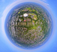 Aerial view, Berger Feld, Schalke Arena Park with Veltins Arena football stadium, globe, fisheye