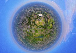 Aerial view, Berger Feld, Schalke Arena Park with Veltins Arena football stadium, globe, fisheye