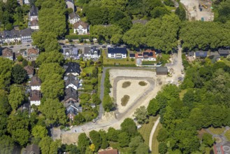 Aerial view, construction site at Sellmannsbach Bulmker Straße, green trees, Bulmke-Hüllen,