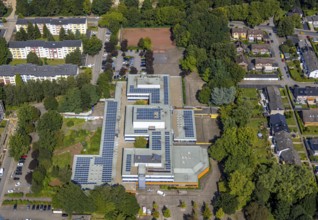 Aerial view, Ingeborg-Drewitz comprehensive school with solar roof, Rentfort, Gladbeck, Ruhr area,