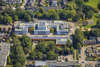 Aerial view, Ingeborg-Drewitz comprehensive school with solar roof, Rentfort, Gladbeck, Ruhr area,