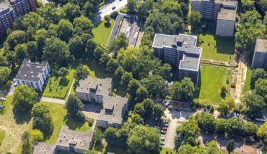 Aerial view, high-rise residential area Karl-Arnold-Straße, construction site, Rentfort, Gladbeck,