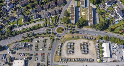 Aerial view, Rockwoolstraße roundabout and car park with car trailer at Ellinghorst business park,