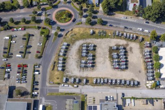 Aerial view, Rockwoolstraße roundabout and car park with car trailer at Ellinghorst business park,