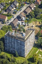 Aerial view, problem high-rise building Steinstraße and construction site new development area,