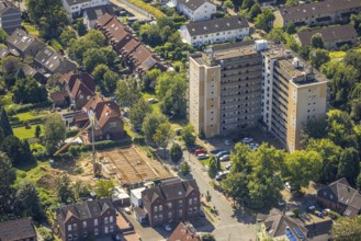 Aerial view, problem high-rise building Steinstraße and construction site new development area,
