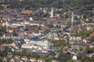 Aerial view, city centre view with Evangelical Lutheran Church of Christ and Catholic Church of St.