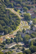 Aerial view, road traffic and planted roundabout Horster Straße and Wiesmannstraße, red marked
