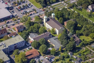 Aerial view, St. Marien Catholic Church with double church tower, International Girls' Centre