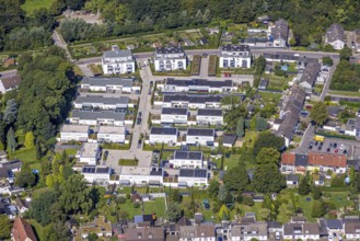 Aerial view, residential area housing estate Alter Sportplatz with flat roof bungalows, Brauck,