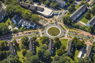Aerial view, road traffic and planted roundabout Horster Straße and Wiesmannstraße, red marked
