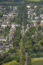 Aerial view, railway line with suburban railway, green trees, bridge Beethovenstraße, Zweckel,