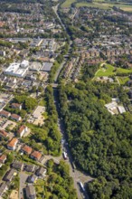 Aerial view, residential area on Essener Straße B224, forest and central accommodation centre (ZUE)