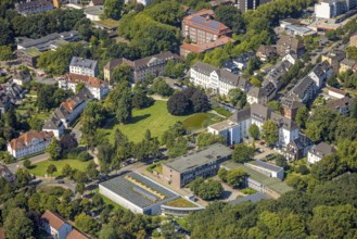 Aerial view, residential area at Jovyplatz Park and pond, Gladbeck police station, kreativAmt
