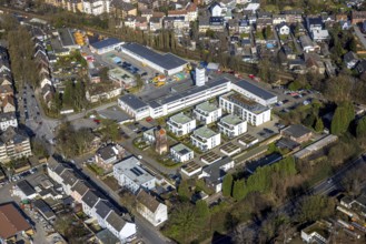 Aerial view, fire brigade rescue station and fire brigade defence tower, new housing estate Roter