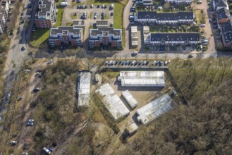 Aerial view, container village refugee accommodation on the Horster Straße fairground, Butendorf,