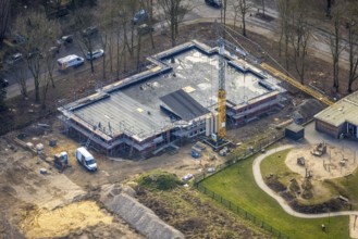 Aerial view, construction site with new kindergarten daycare centre on the corner of Berliner
