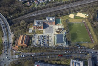 Aerial view, Heisenberg Gymnasium with sports field and Artur Schirrmacher sports hall, Sandstraße