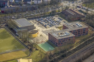 Aerial view, Heisenberg Gymnasium and Artur-Schirrmacher-Sporthalle with car parks, Gladbeck, Ruhr