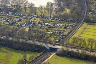 Aerial view, Feldhauser Straße bridge over the railway line at KGV Kleingärtnerverein Nordpark e.V