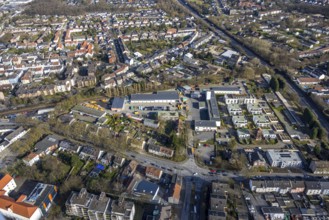 Aerial view, fire station and fire defence tower, new housing estate Roter Turm, central depot