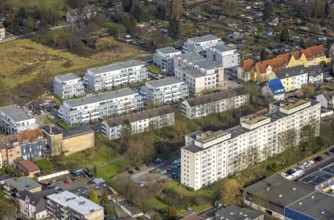 Aerial view, new housing estate Schlägelstrasse and Eisenstrasse, high-rise apartment block on