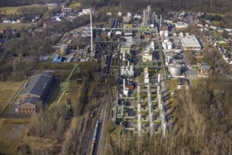 Aerial view, Zweckel machine hall and two headframes, Ineos Phenol chemical plant, Zweckel,