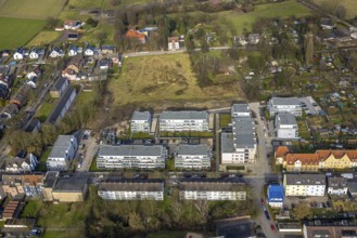 Aerial view, new housing estate Schlägelstrasse and Eisenstrasse, meadow area, Zweckel, Gladbeck,
