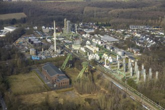 Aerial view, Zweckel machine hall and two headframes, Ineos Phenol chemical plant, Zweckel,
