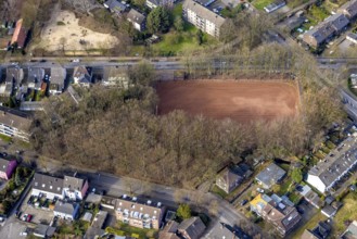 Aerial view, cinder pitch sports field Dorstener Straße corner Tunnelstraße, surrounded by trees,