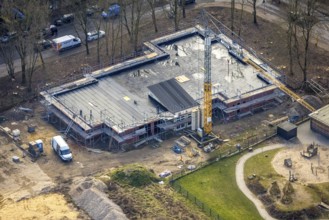 Aerial view, construction site with new kindergarten daycare centre on the corner of Berliner