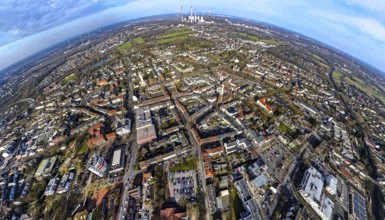 Aerial view, city centre view with ktah. Church St. Lamberti and town hall, behind the Uniper power