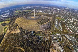 Aerial view, Mottbruchhalde with wind turbine wind power plant, behind the Uniper power plant