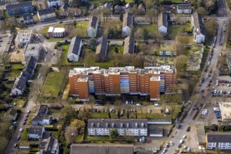 Aerial view, high-rise apartment building on Brunnenstraße, rust-coloured facade, Zweckel,