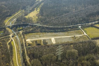 Aerial view, renaturalised Boye and hiking trails, wooded area on Horster Straße and two bridges,