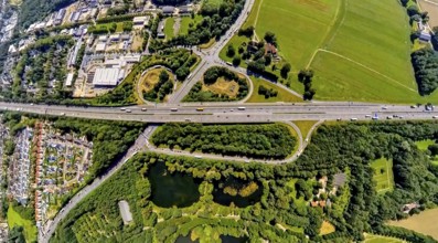 Aerial view, motorway A2, junction Essen/Gladbeck, federal road B224, truck in the exit loop,
