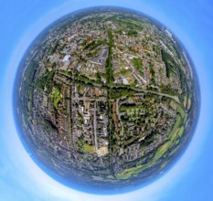 Aerial view, centre Essener Straße federal road B224 and bridge railway tracks, globe, fisheye
