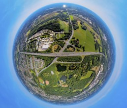 Aerial view, motorway A2, junction Essen/Gladbeck, federal road B224, truck in the exit loop, below