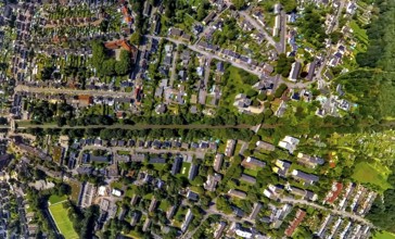 Aerial view, railway tracks and wooded railway line at Glückstraße residential area, earth globe,
