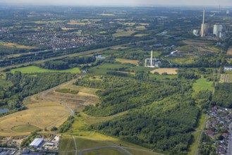 Aerial view, Radbod spoil tip with spoil tip sign, behind the RWE Generation SE Gersteinwerk power