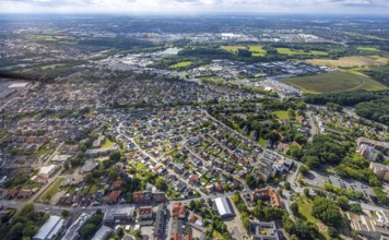 Aerial view, residential area, view of Hövel district, commercial area An den Fördertürmen Zeche
