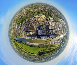 Aerial view, Hamm harbour on the Datteln-Hamm canal with inland waterway, globe, fisheye image, 360