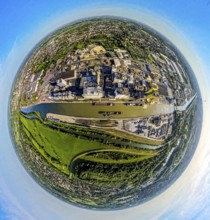 Aerial view, Hamm harbour on the Datteln-Hamm canal with inland waterway, globe, fisheye image, 360