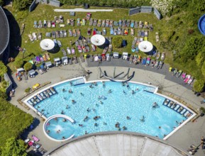 Aerial view, outdoor pool Maximare, saltwater pool, summer, Hamm-Mitte, bathers, sunbathers, Hamm,