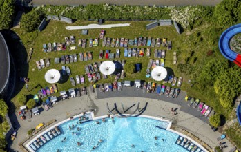 Aerial view, outdoor pool Maximare, saltwater pool, summer, Hamm-Mitte, bathers, sunbathers, Hamm,