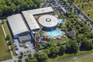 Aerial view, outdoor pool Maximare, saltwater pool, summer, Hamm-Mitte, bathers, sunbathers, Hamm,