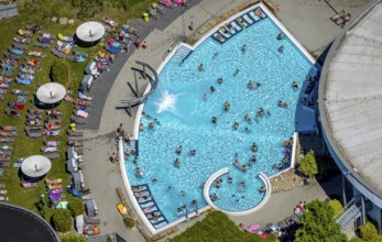 Aerial view, outdoor pool Maximare, saltwater pool, summer, Hamm-Mitte, bathers, sunbathers, Hamm,